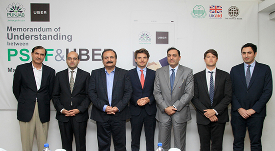 L-R: Mr. Faisal Fareed – Board Member, PSDF & Managing Director, Maxim International; Mr. Safee Shah – General Manager, Uber Pakistan; Mr. Rana Mashood Ahmad Khan – Minister for Education; Mr. Pierre Dimitri Gore-Coty - Head of Uber Operations Europe, Middle East and Africa; Mr. Jawad Khan – Chief Executive Officer, PSDF; Mr. Anthony Le Roux - General Manager Uber, Middle East & Africa; Mr. Ghassan Haddad - Head of Uber, Public Policy Middle East, Turkey and Pakistan.