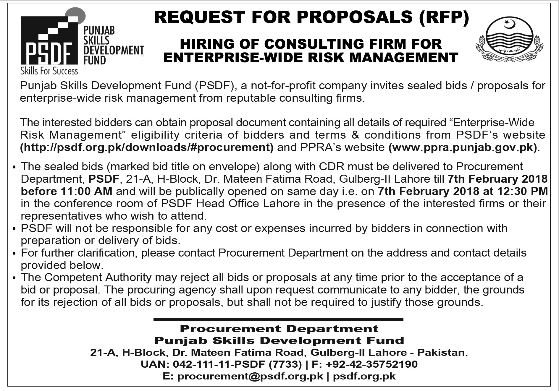 RFP AD For Hiring Of Consultants For Enterprise wide Risk Management PSDF
